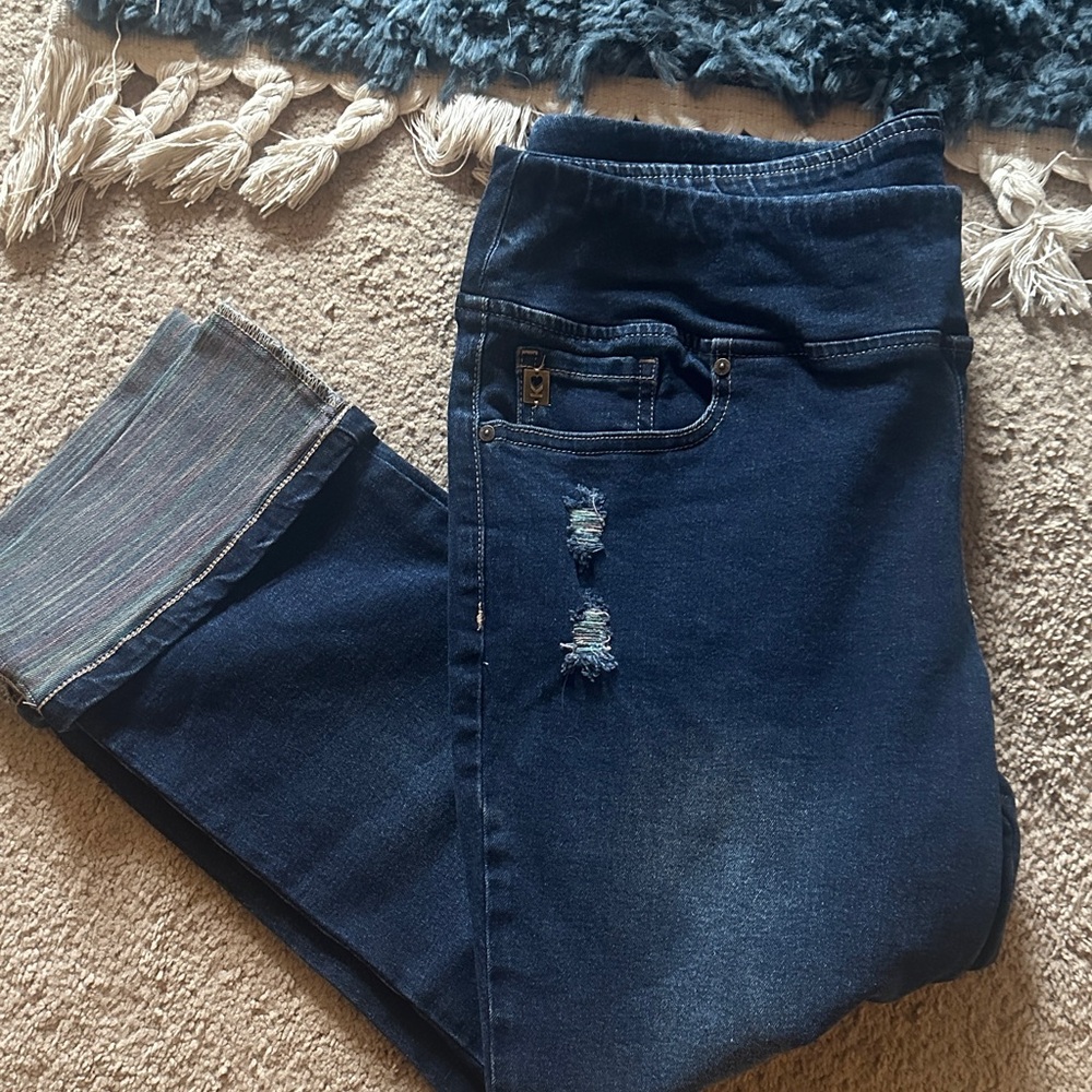 Belle by Kim Gravel Distressed Dark Blue Ankle Jeans